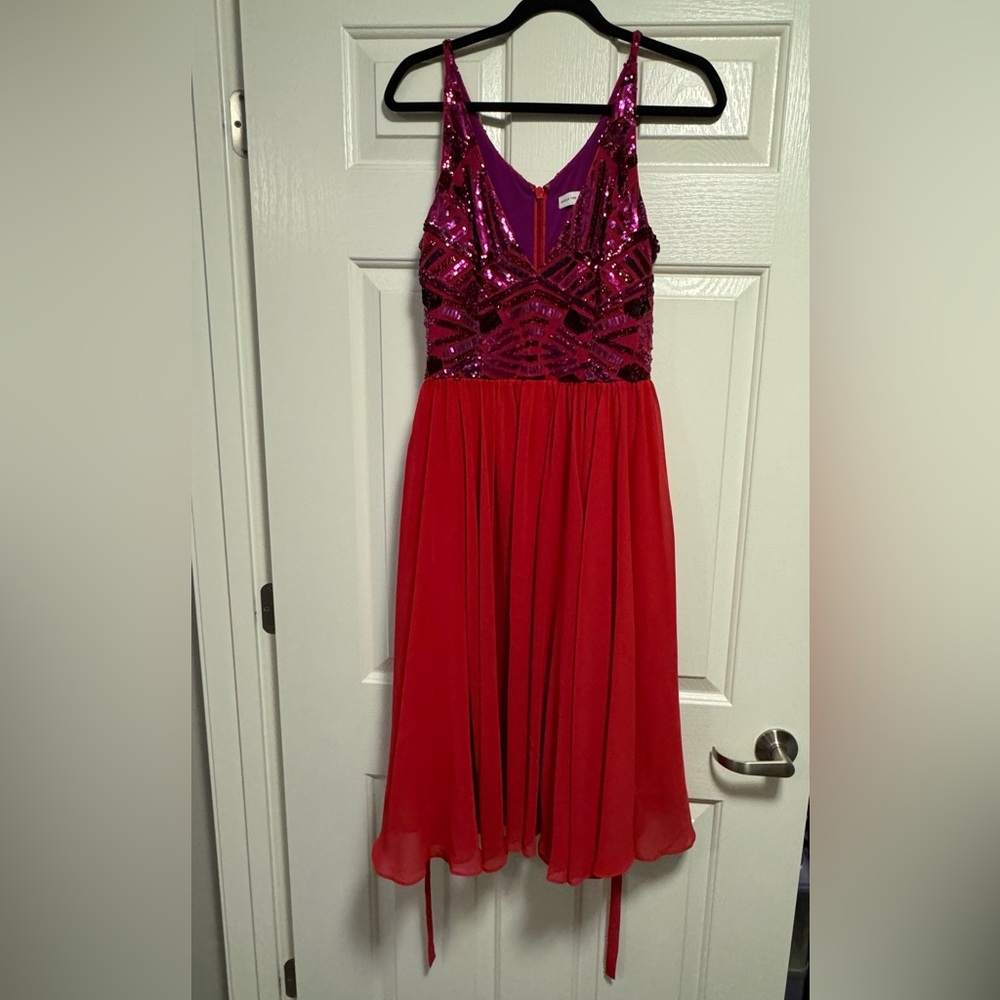 DRESS THE POPULATION Alicia Mixed Media Dress, Women’s Large, Rogue Red Multi